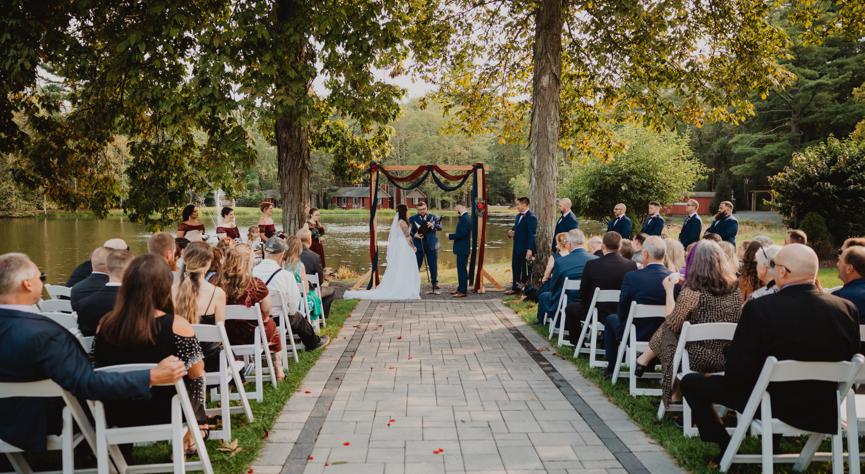 Bride and groom on lake at hotel in the Poconos, PA