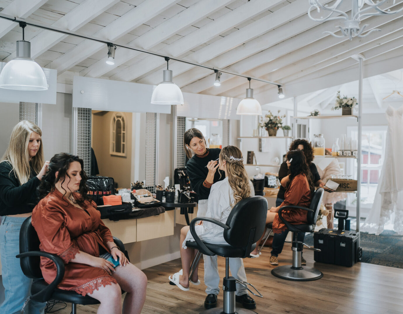 Bride getting ready in on-site bridal suite at Poconos wedding venue