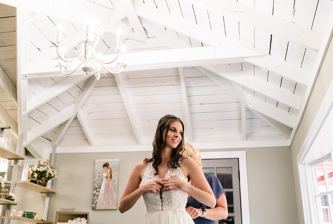 Bride getting ready in on-site bridal suite at Poconos wedding venue