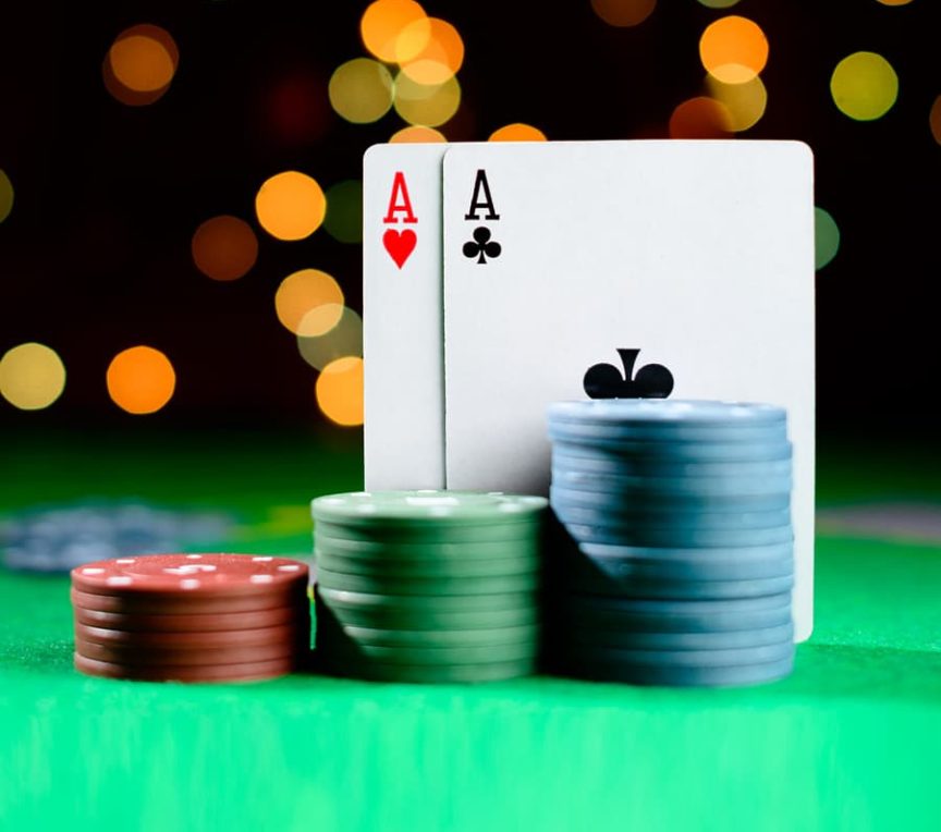 Cards and chips on game table