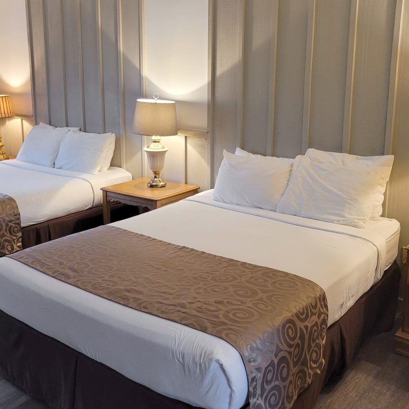 Double queen room at rustic resort in Mount Pocono, PA