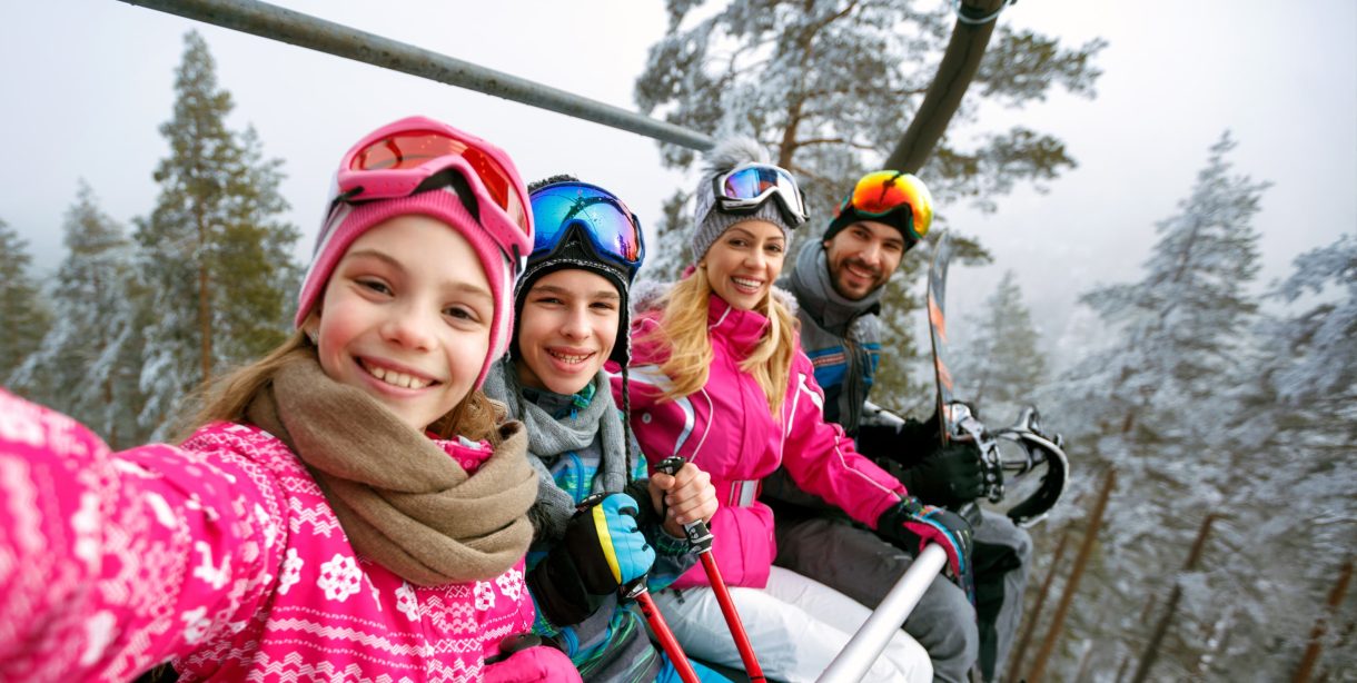 Family on ski lift in the Poconos