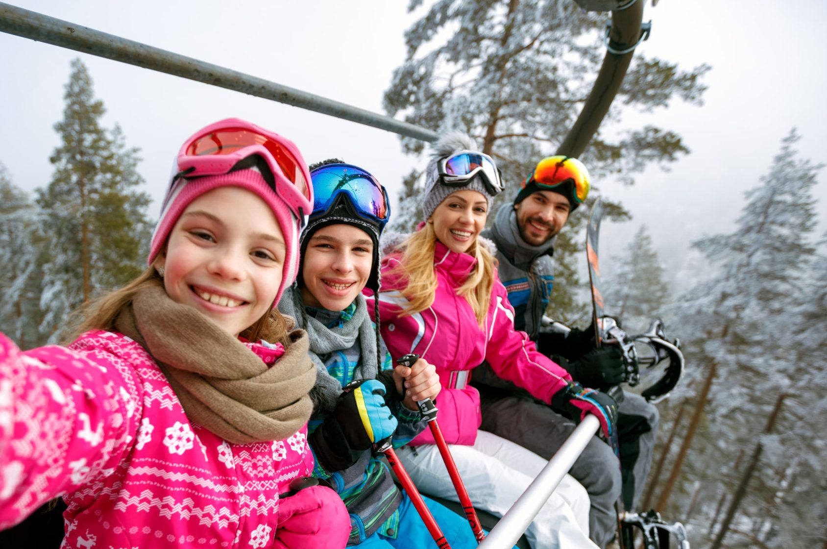 Family on ski lift in the Poconos