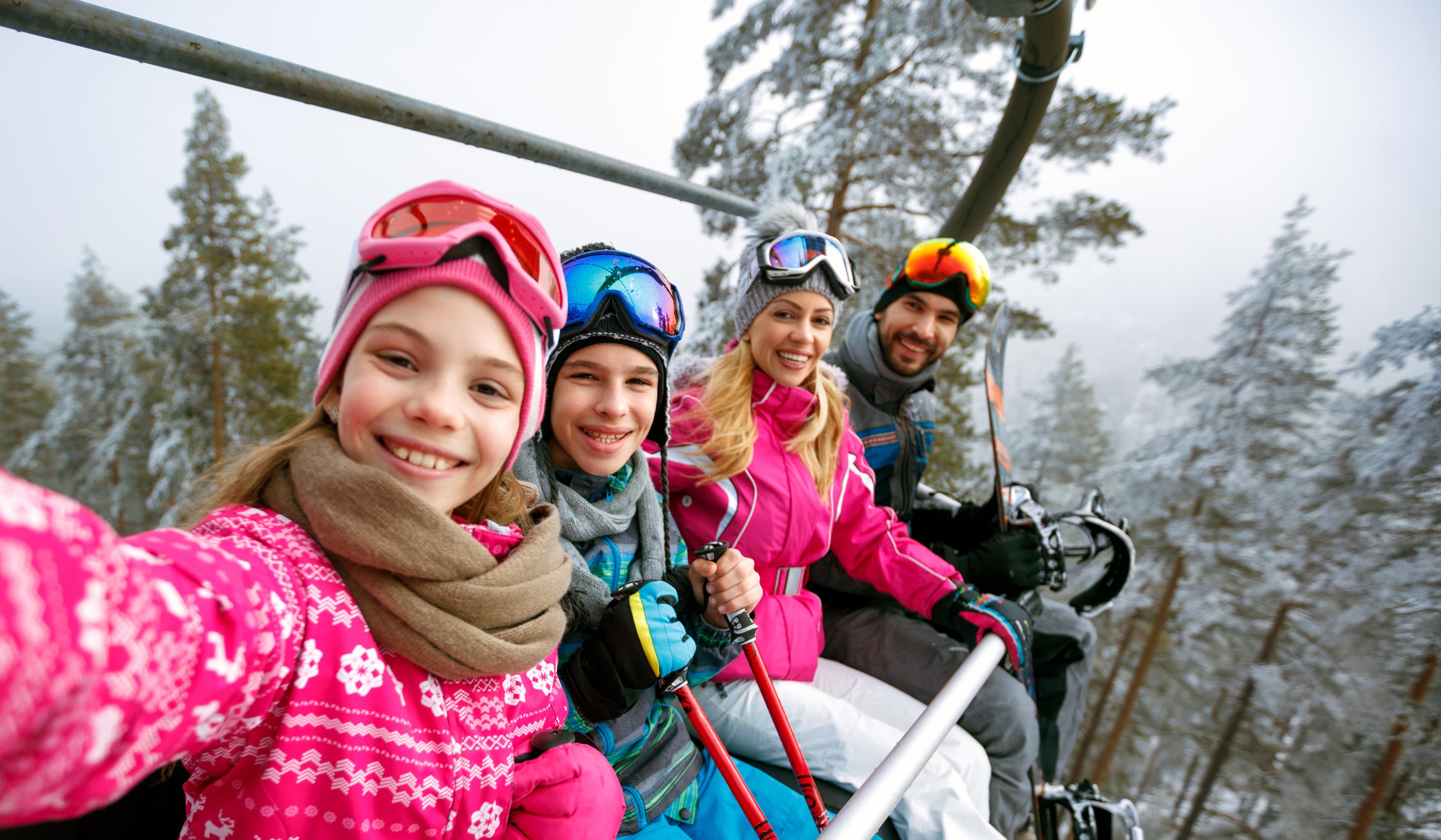 Family on ski lift in the Poconos