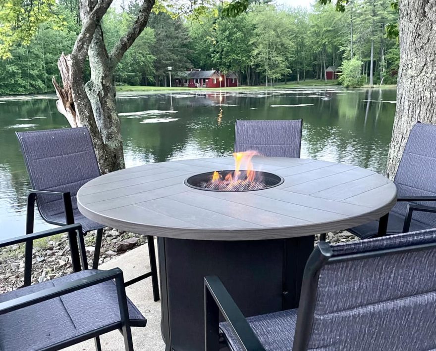 Fire table at lakeside resort in the Poconos