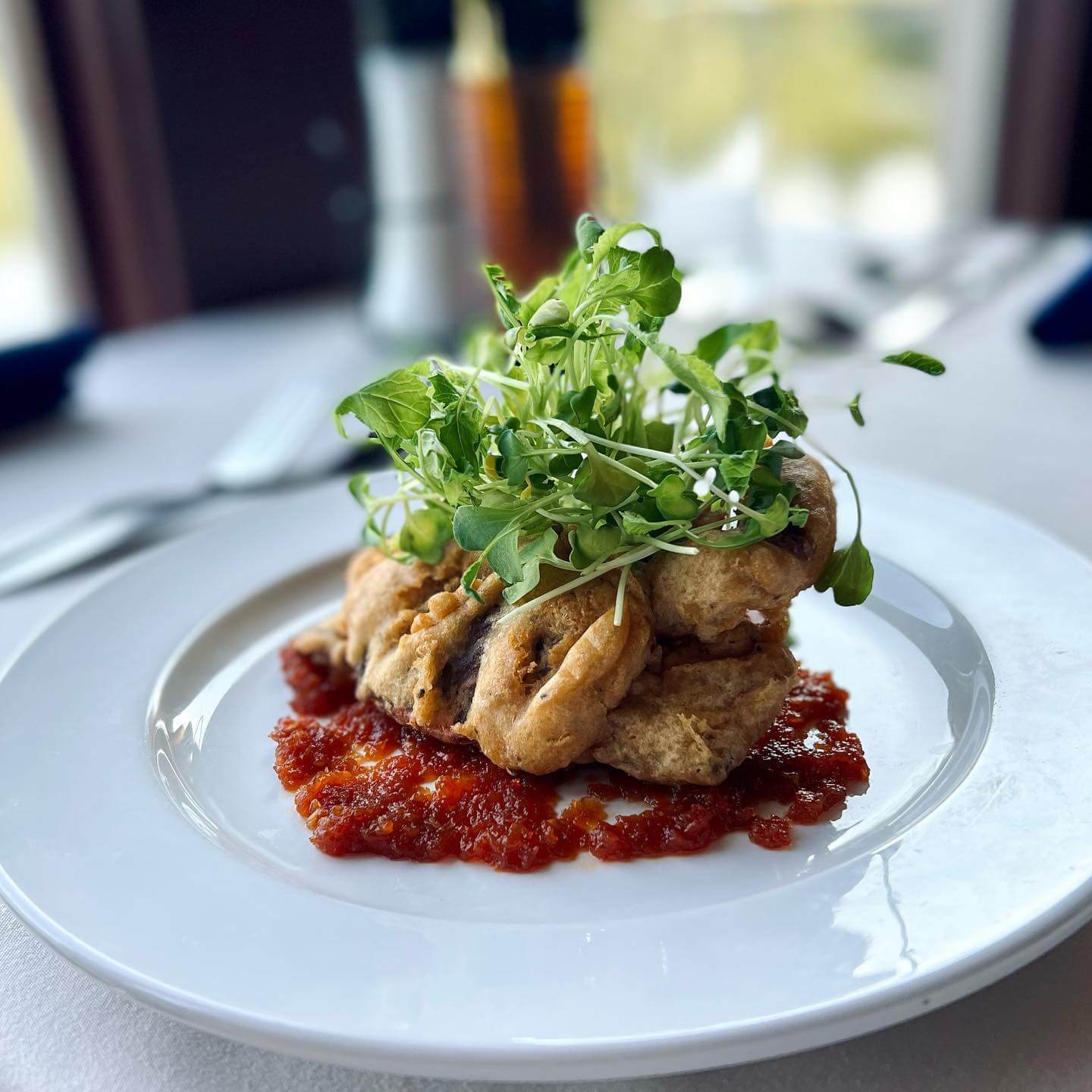 Gourmet fried dish at lakeside restaurant in the Poconos