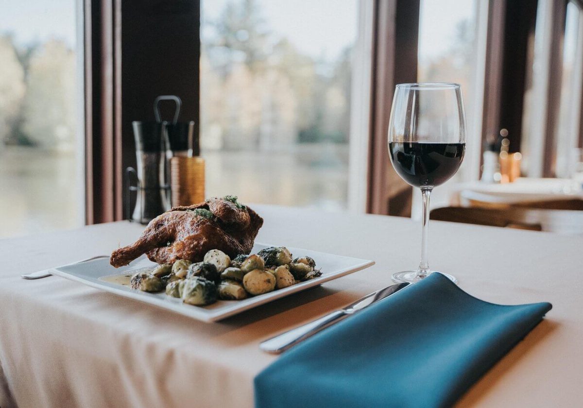 Gourmet food and wine at waterfront restaurant in the Poconos