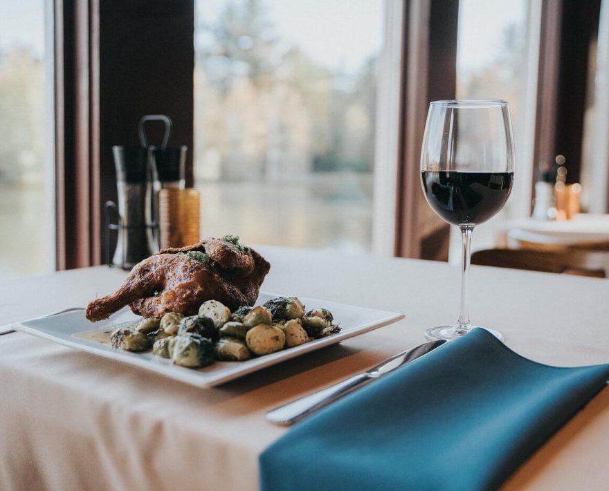 Gourmet food and wine at waterfront restaurant in the Poconos