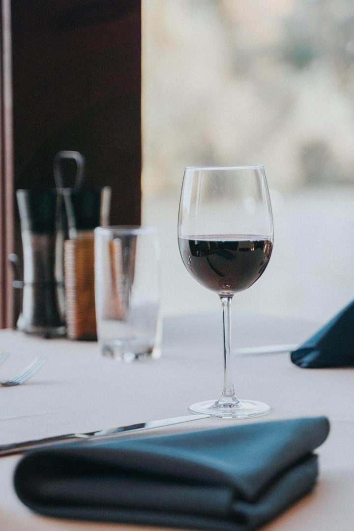 Wine on table of lakeside restaurant in the Poconos