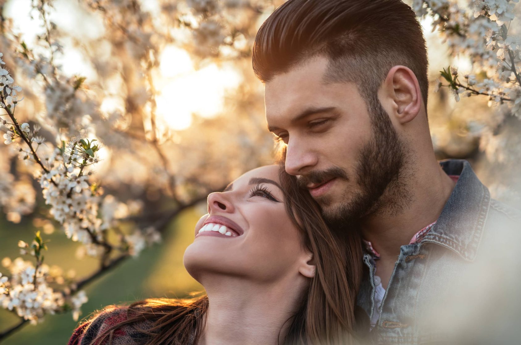 Couple in romantic orchard at Poconos hotel resort