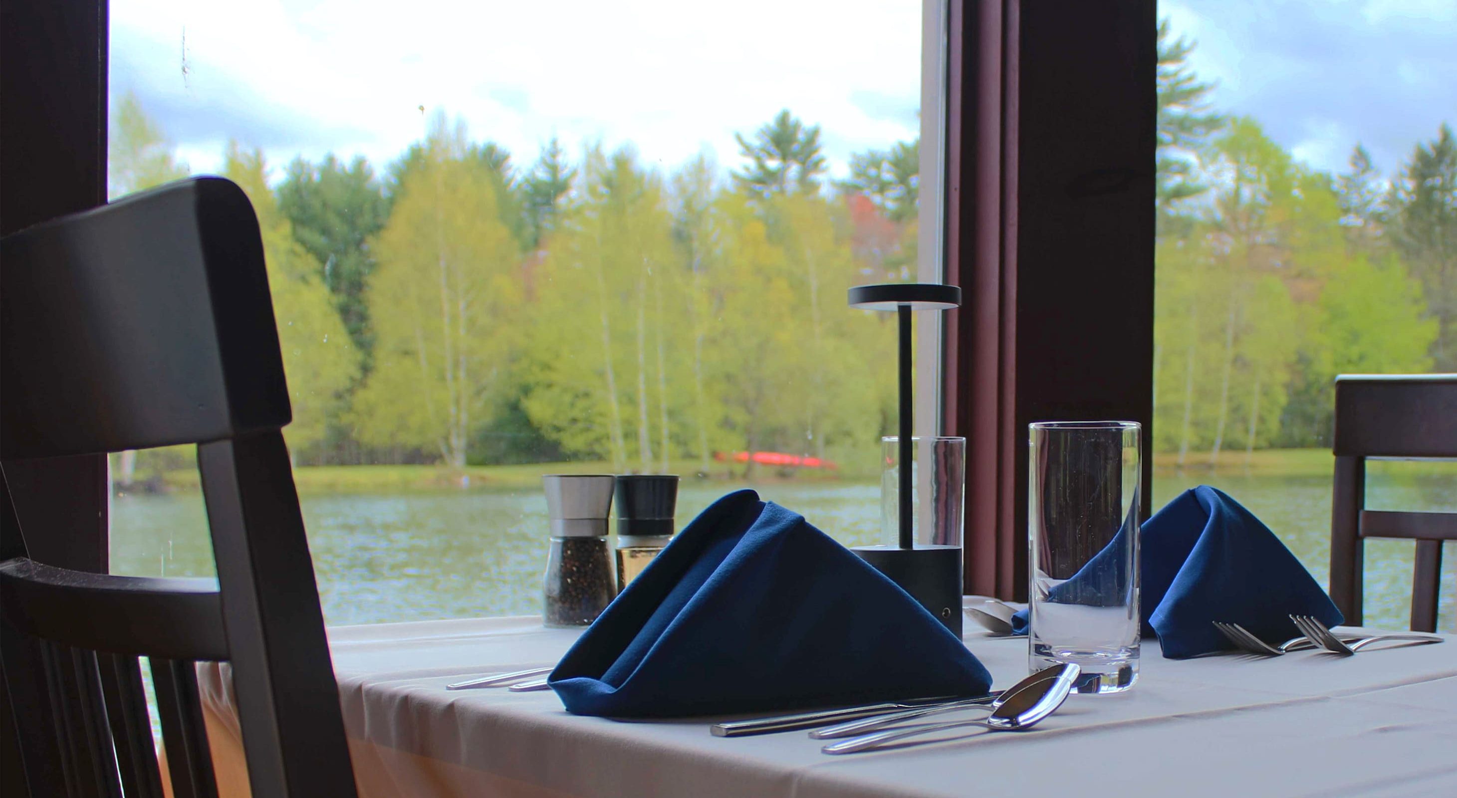 Table for two with lake view at Grange Valley restaurant in the Poconos