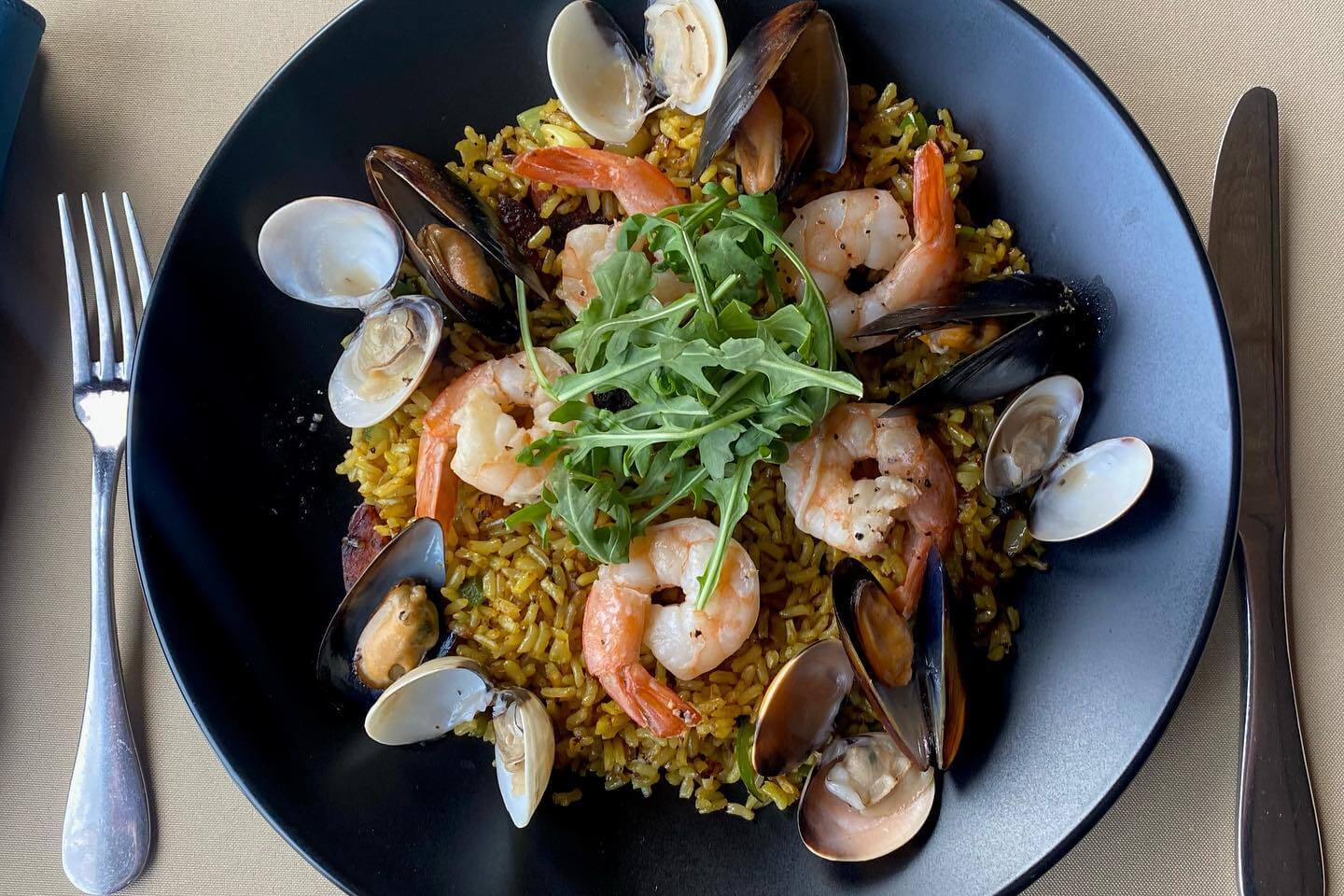 Seafood on rice at lakeside Poconos Restaurant