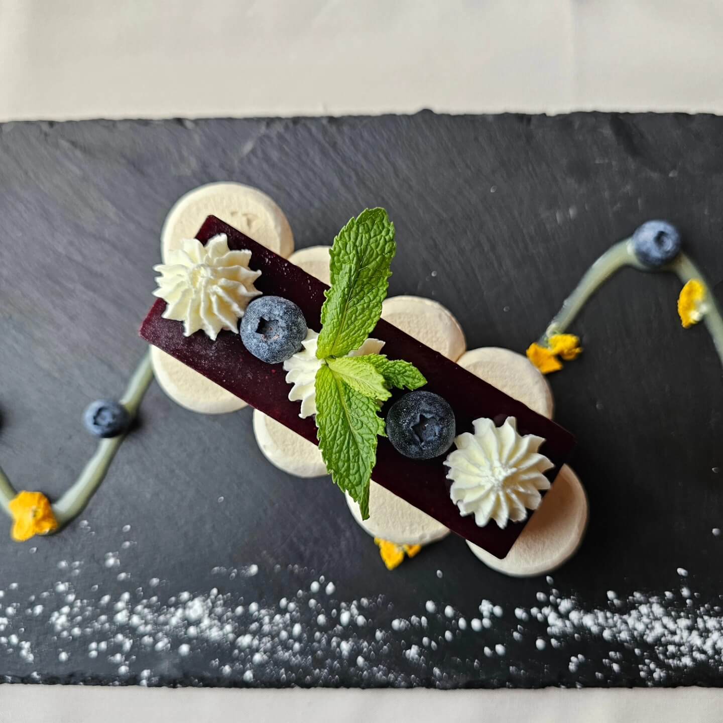 Spring blueberry dessert at romantic restaurant on a lake in the Poconos