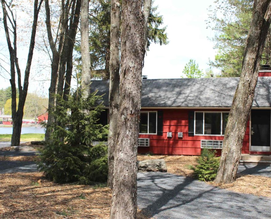 Red twin cottages by the lake in Mount Pocono, PA