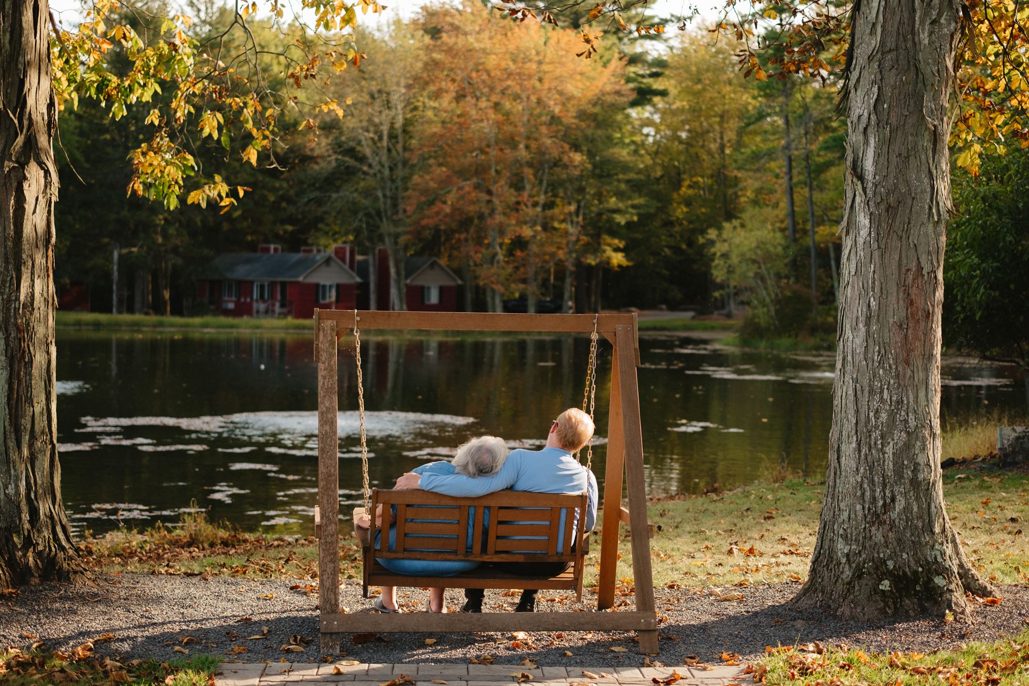 Bride and groom on lake at hotel in the Poconos, PA