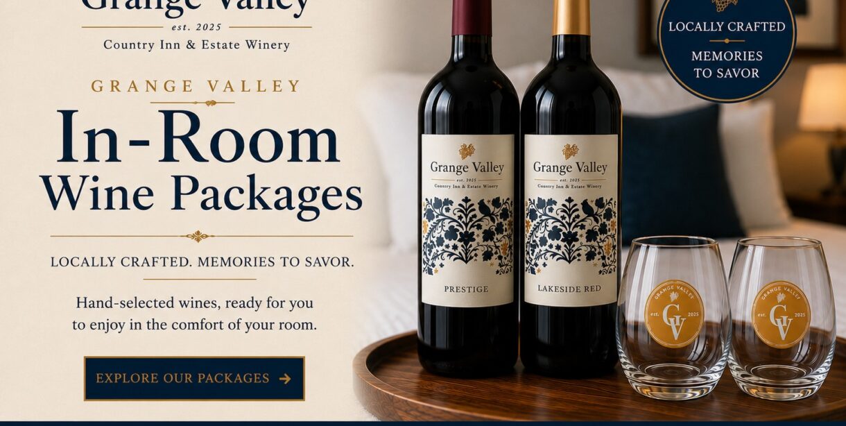 Grange Valley In-Room Wine Packages featuring estate wines and keepsake wine glasses.