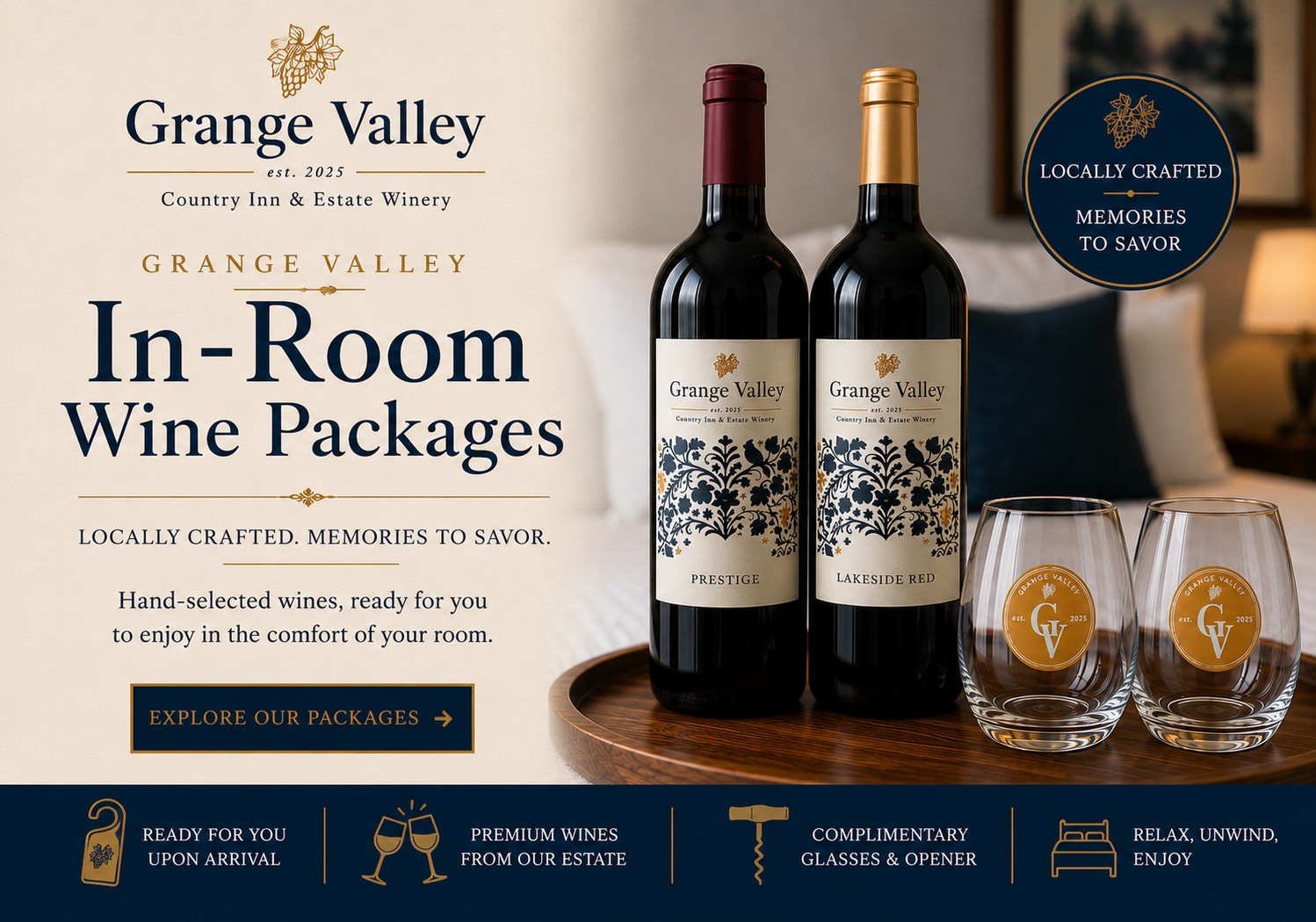 Grange Valley In-Room Wine Packages featuring estate wines and keepsake wine glasses.