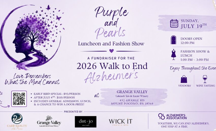 Purple & Pearls Luncheon and Fashion Show fundraiser for the 2026 Walk to End Alzheimer's at Grange Valley Lakeside Inn & Estate Winery.