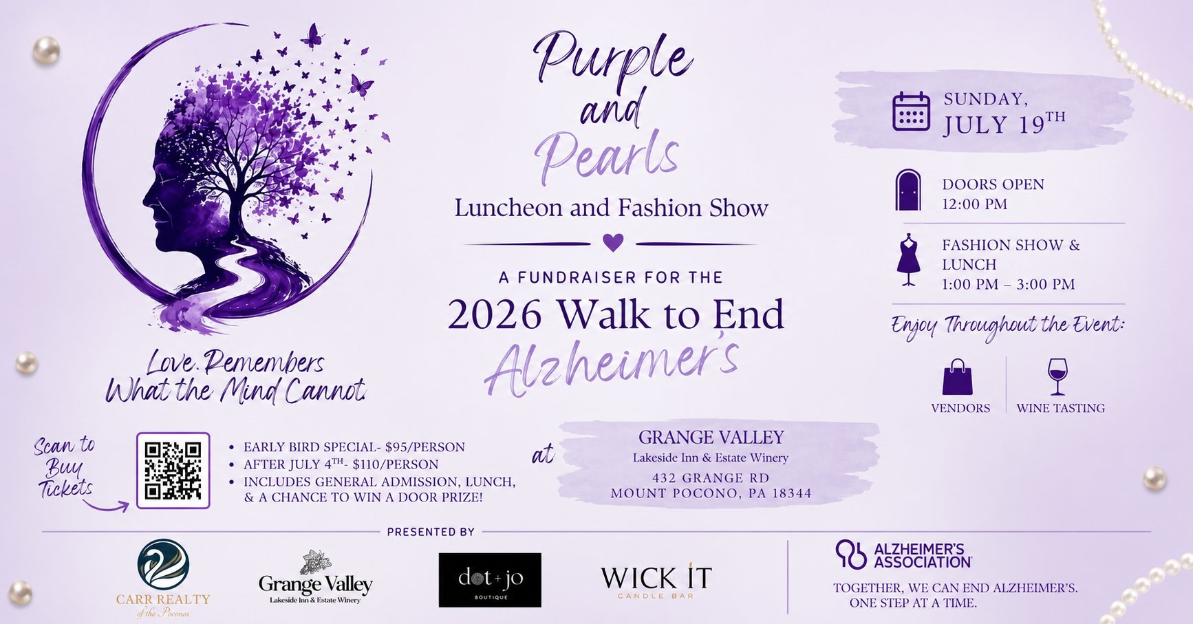 Purple & Pearls Luncheon and Fashion Show fundraiser for the 2026 Walk to End Alzheimer's at Grange Valley Lakeside Inn & Estate Winery.