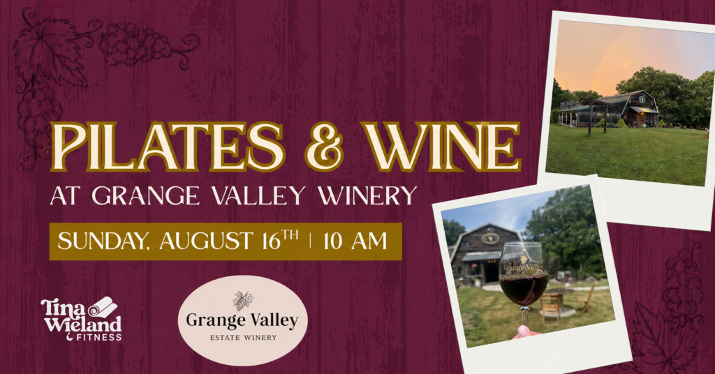 Pilates & Wine Experience at Grange Valley Estate Winery featuring outdoor Pilates, vineyard views, and complimentary wine.