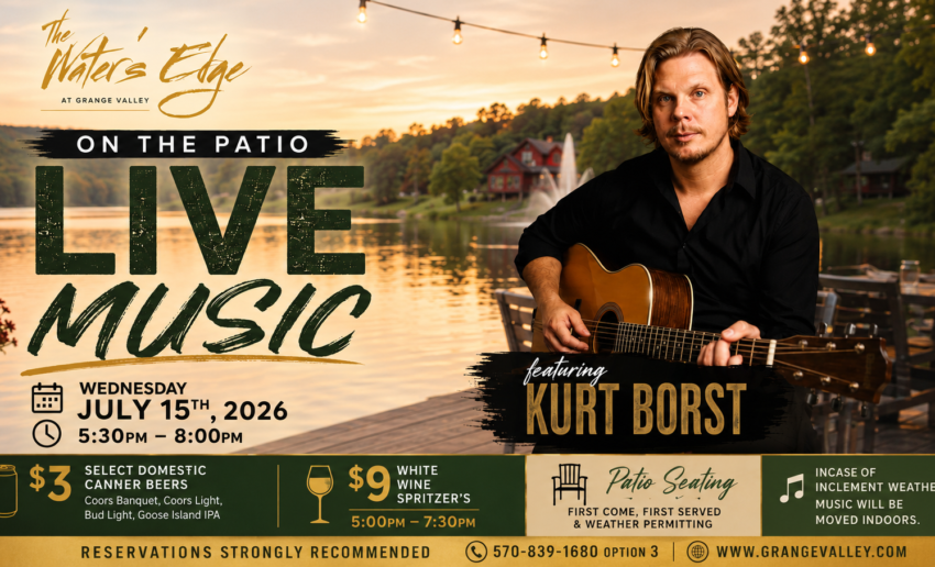 Live music featuring Kurt Borst on the patio at The Water's Edge at Grange Valley on July 15, 2026