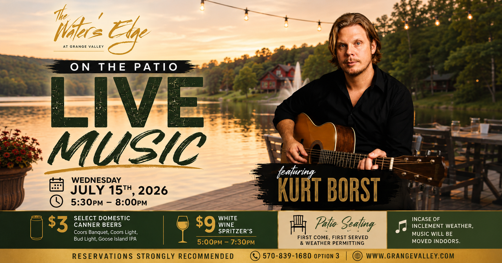 Live music featuring Kurt Borst on the patio at The Water's Edge at Grange Valley on July 15, 2026