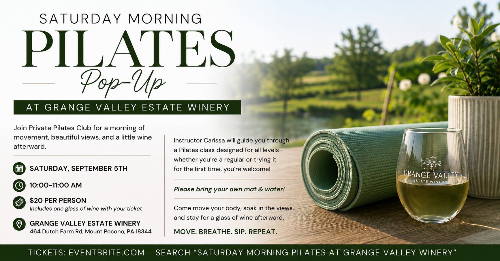 Saturday Morning Pilates Pop-Up at Grange Valley Estate Winery in Mount Pocono, PA